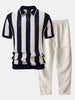 Striped Eyelet Knit Zip Up Polo Shirt & Straight Leg Linen Pants