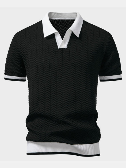 Texture Contrast Knitted V Neck Polo Shirt & Straight Leg Ribbed Pants