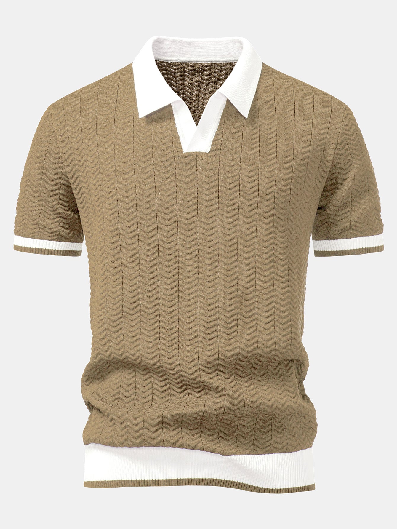 Texture Contrast Knitted V Neck Polo Shirt & Straight Leg Ribbed Pants
