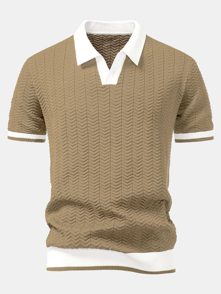 Texture Contrast Knitted V Neck Polo Shirt & Cotton Chino Shorts