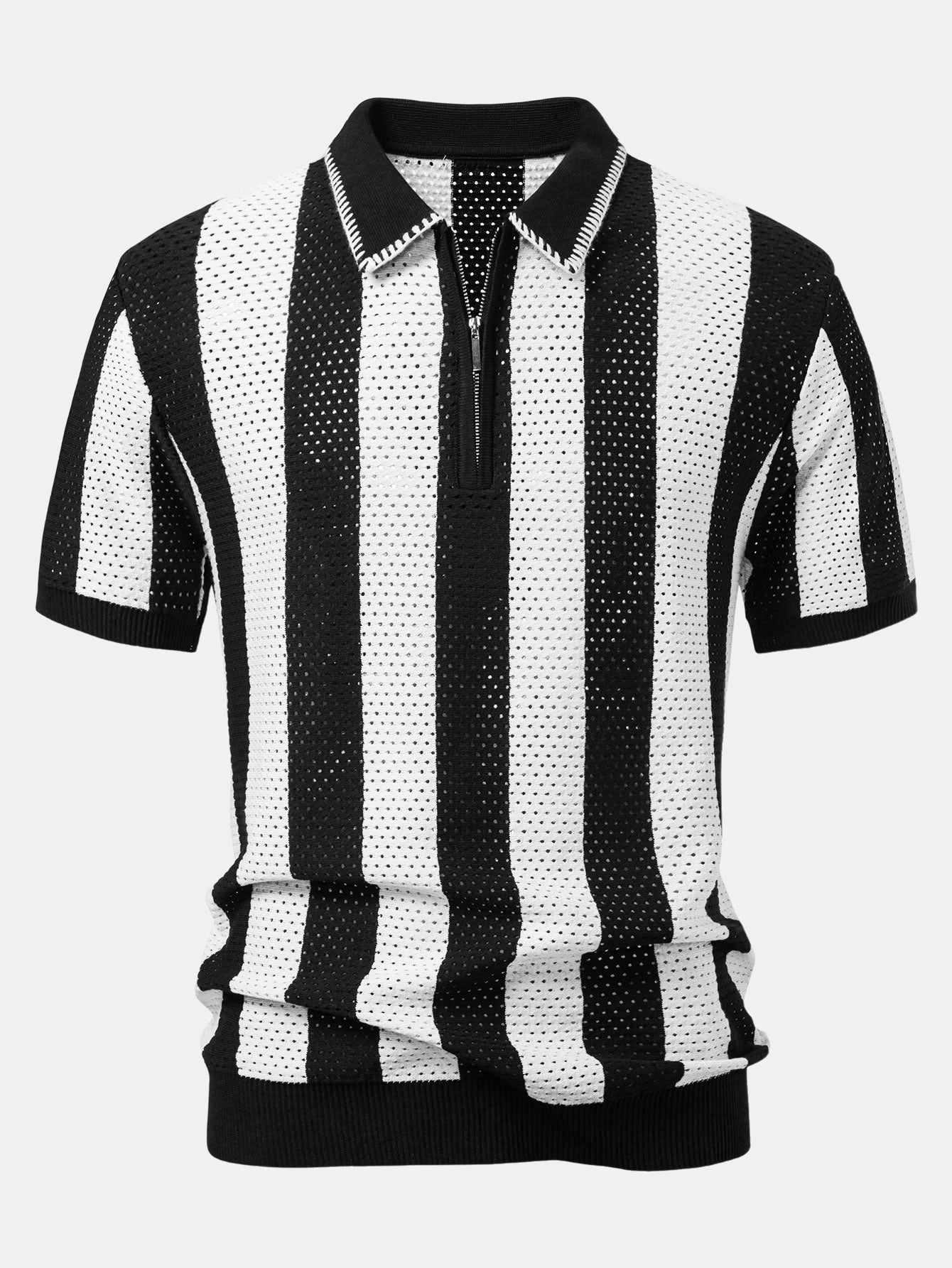 Striped Eyelet Knit Zip Up Polo Shirt & Straight Leg Linen Pants