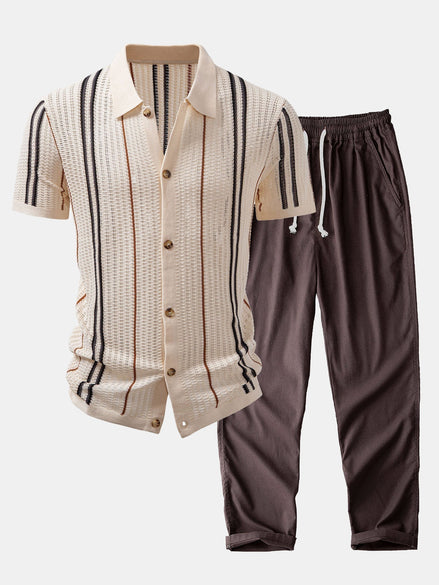 Stripe Crochet Button Up Shirt & Straight Leg Linen Pants