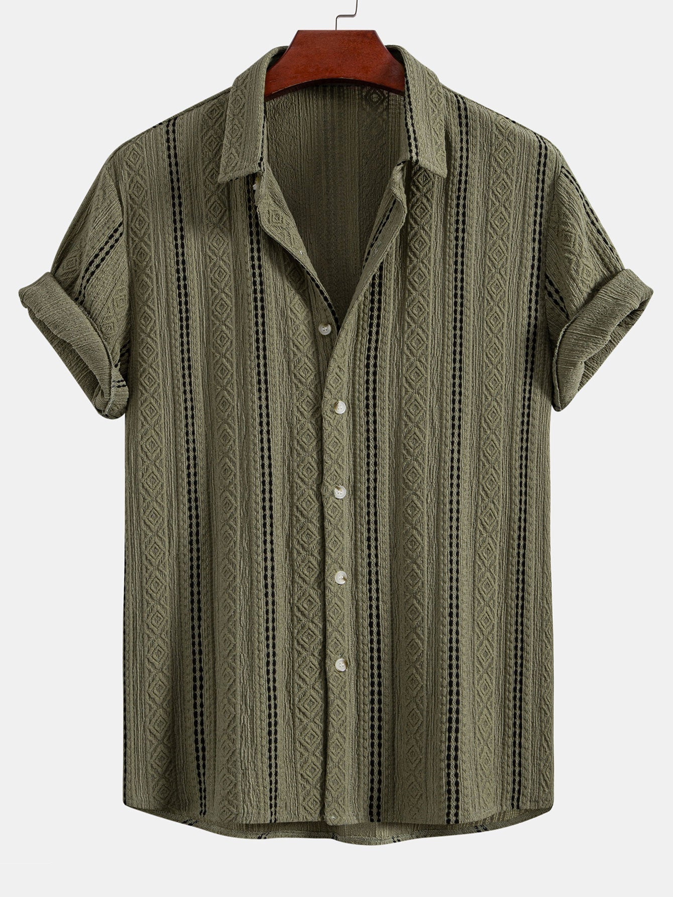 Geometric Striped Jacquard Button Up Shirt & Crinkled Textured Drawstring Shorts