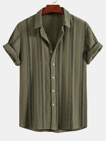 Geometric Striped Jacquard Button Up Shirt & Crinkled Textured Drawstring Shorts