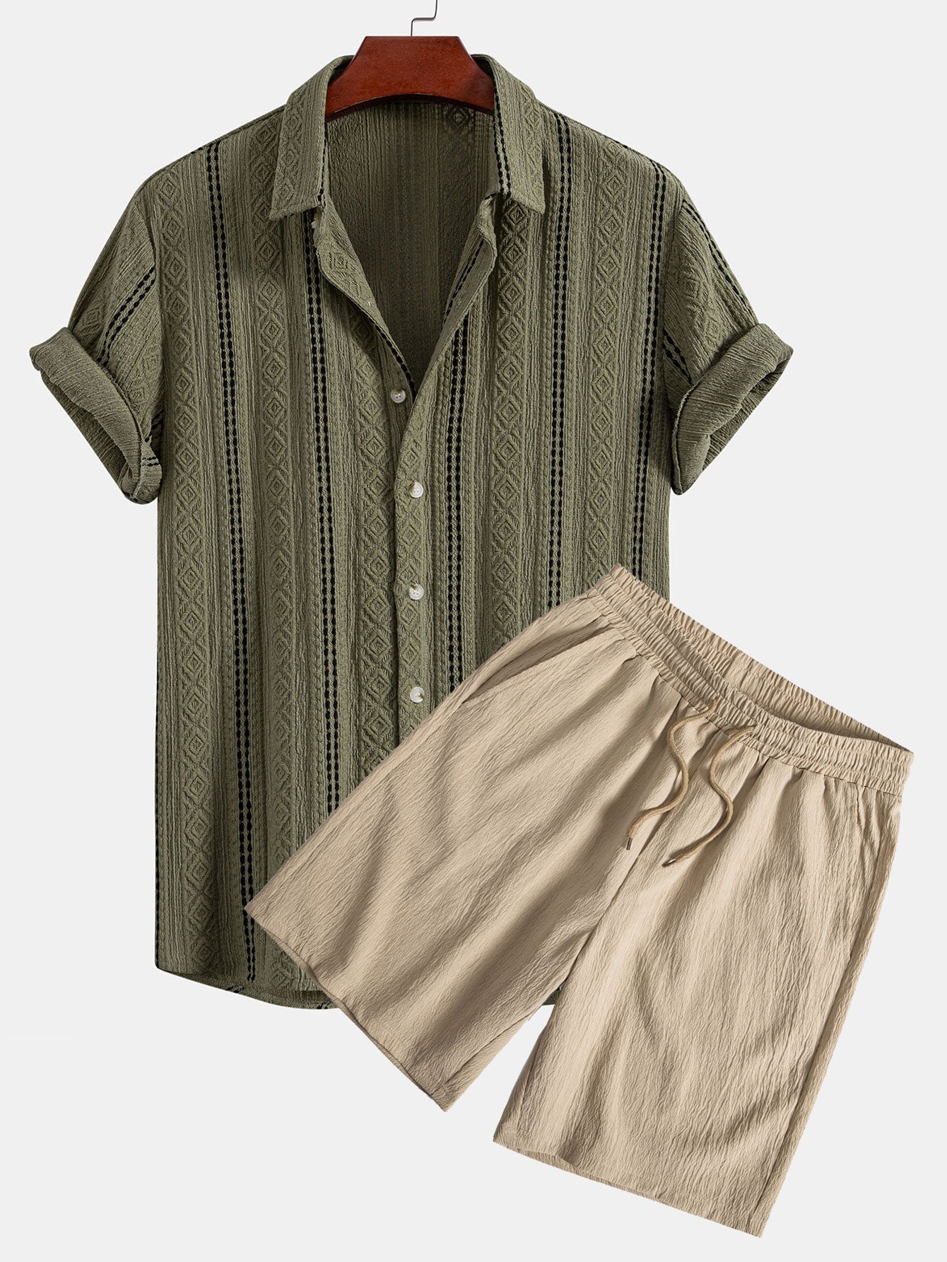 Geometric Striped Jacquard Button Up Shirt & Crinkled Textured Drawstring Shorts
