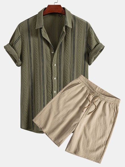 Geometric Striped Jacquard Button Up Shirt & Crinkled Textured Drawstring Shorts