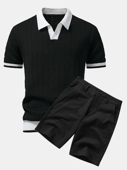 Texture Contrast Knitted V Neck Polo Shirt & Cotton Chino Shorts