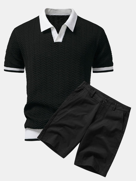 Texture Contrast Knitted V Neck Polo Shirt & Cotton Chino Shorts