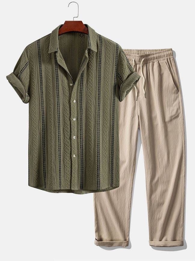 Geometric Striped Jacquard Button Up Shirt & Crinkle Textured Straight Leg Pants