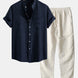 Short Sleeve Stand Collar Shirt & Straight Leg Linen Pants