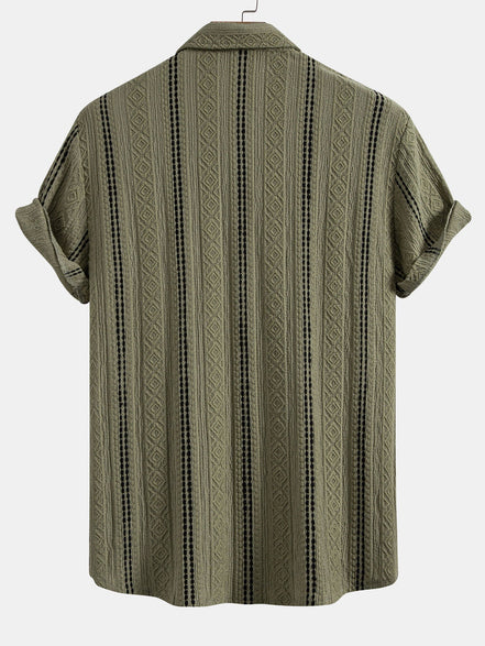 Geometric Striped Jacquard Button Up Shirt & Crinkled Textured Drawstring Shorts