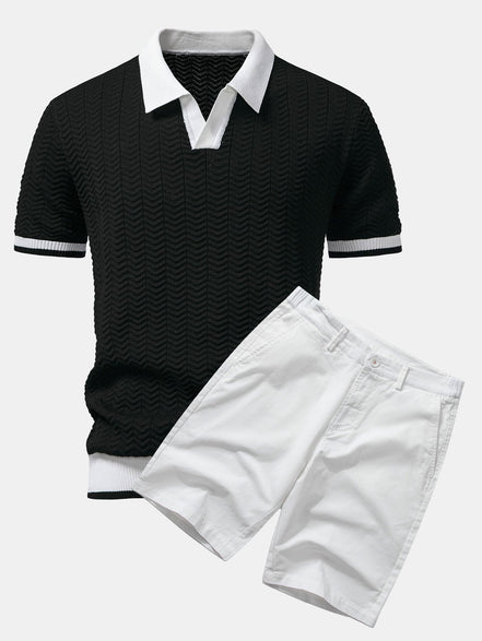 Texture Contrast Knitted V Neck Polo Shirt & Cotton Chino Shorts