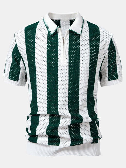 Striped Eyelet Knit Zip Up Polo Shirt & Straight Leg Linen Pants