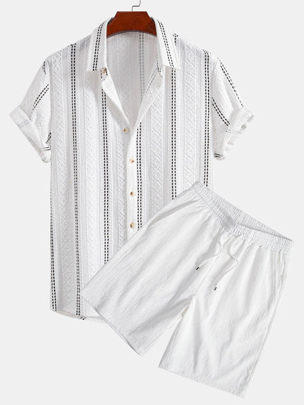 Geometric Striped Jacquard Button Up Shirt & Crinkled Textured Drawstring Shorts