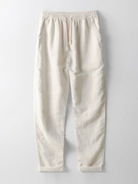 Striped Eyelet Knit Zip Up Polo Shirt & Straight Leg Linen Pants