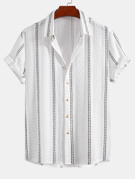 Geometric Striped Jacquard Button Up Shirt & Crinkled Textured Drawstring Shorts