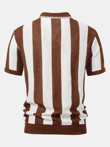 Striped Eyelet Knit Zip Up Polo Shirt & Straight Leg Linen Pants