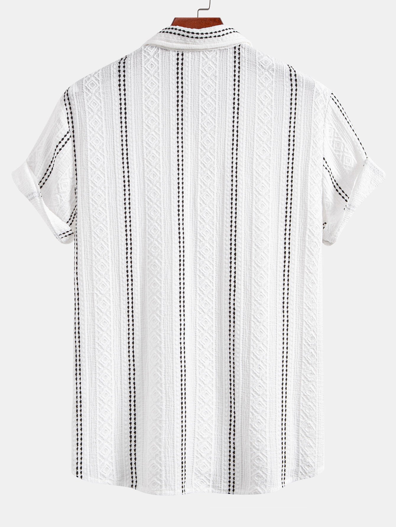 Geometric Striped Jacquard Button Up Shirt & Crinkled Textured Drawstring Shorts