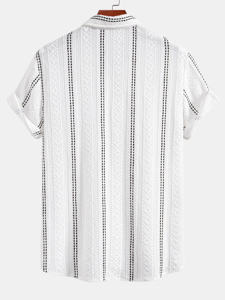 Geometric Striped Jacquard Button Up Shirt & Crinkled Textured Drawstring Shorts