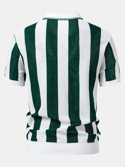 Striped Eyelet Knit Zip Up Polo Shirt & Straight Leg Linen Pants