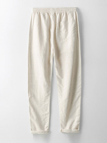 Striped Eyelet Knit Zip Up Polo Shirt & Straight Leg Linen Pants