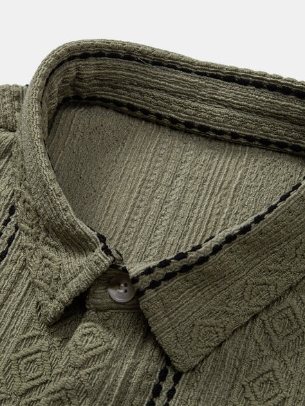 Geometric Striped Jacquard Button Up Shirt & Crinkled Textured Drawstring Shorts