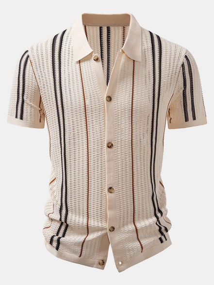 Stripe Crochet Button Up Shirt & Straight Leg Linen Pants