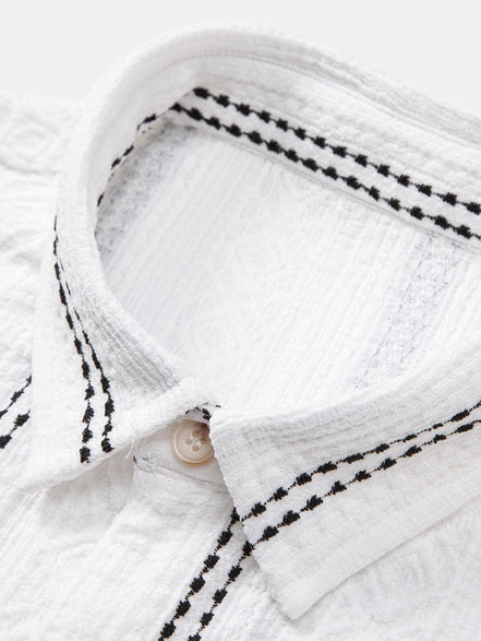 Geometric Striped Jacquard Button Up Shirt & Crinkled Textured Drawstring Shorts