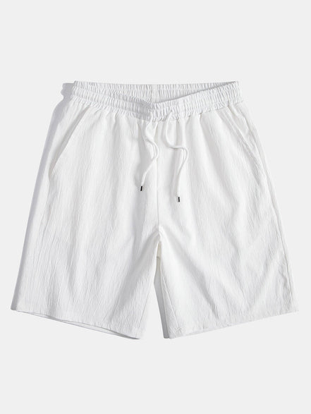 Geometric Striped Jacquard Button Up Shirt & Crinkled Textured Drawstring Shorts