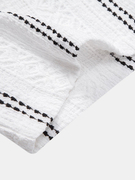 Geometric Striped Jacquard Button Up Shirt & Crinkled Textured Drawstring Shorts