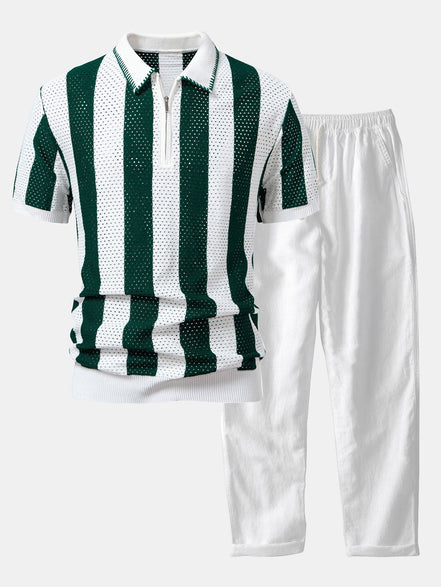 Striped Eyelet Knit Zip Up Polo Shirt & Straight Leg Linen Pants