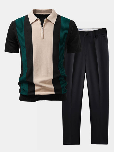Textured Color Block Knit Polo & Slim Fit Tapered Trousers