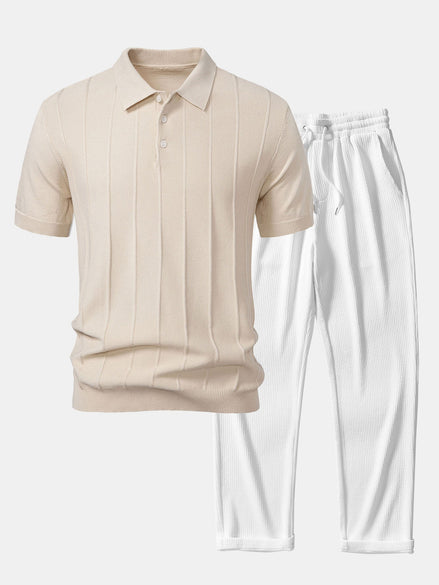 Stripe Jacquard Knit Polo Shirt & Straight Leg Ribbed Pants