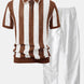 Striped Eyelet Knit Zip Up Polo Shirt & Straight Leg Linen Pants