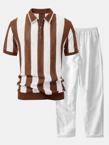 Striped Eyelet Knit Zip Up Polo Shirt & Straight Leg Linen Pants