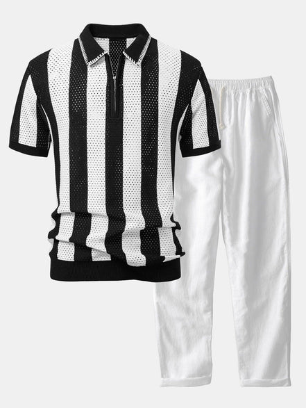 Striped Eyelet Knit Zip Up Polo Shirt & Straight Leg Linen Pants