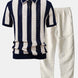 Striped Eyelet Knit Zip Up Polo Shirt & Straight Leg Linen Pants