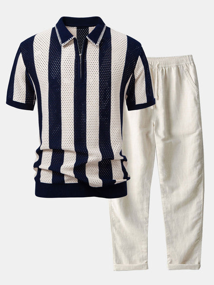 Striped Eyelet Knit Zip Up Polo Shirt & Straight Leg Linen Pants