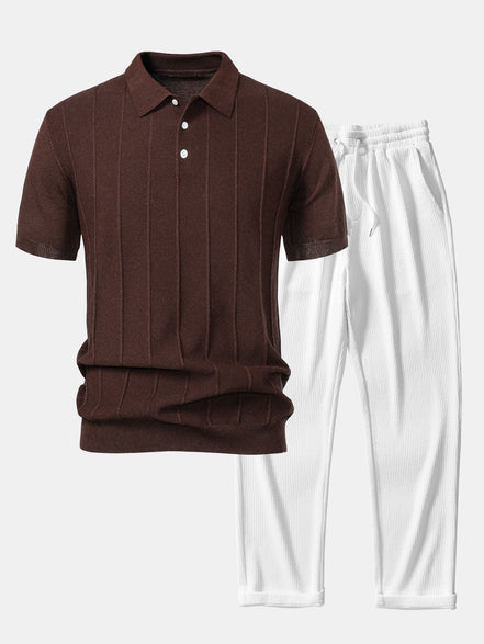 Stripe Jacquard Knit Polo Shirt & Straight Leg Ribbed Pants