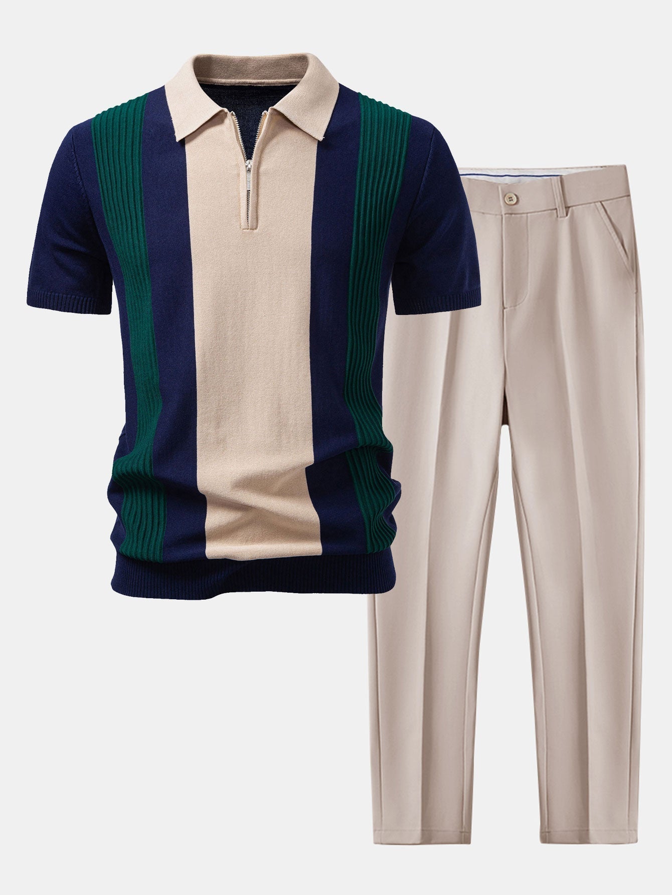 Textured Color Block Knit Polo & Slim Fit Tapered Trousers