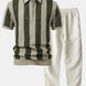 Striped Eyelet Knit Zip Up Polo Shirt & Straight Leg Linen Pants