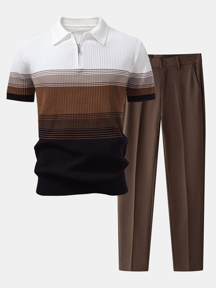 Striped Gradient Knitted Polo Shirt & Slim Fit Tapered Trousers