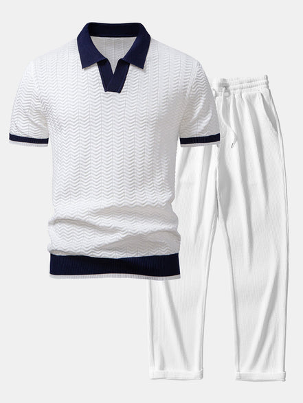 Texture Contrast Knitted V Neck Polo Shirt & Straight Leg Ribbed Pants