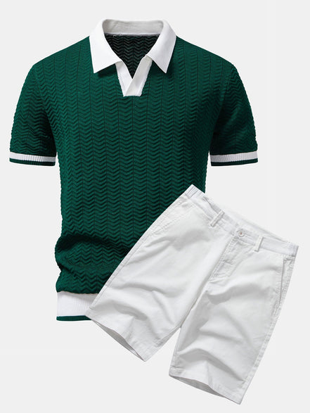 Texture Contrast Knitted V Neck Polo Shirt & Cotton Chino Shorts