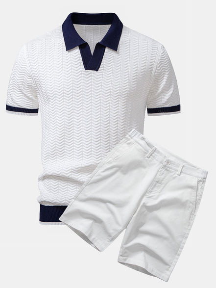 Texture Contrast Knitted V Neck Polo Shirt & Cotton Chino Shorts