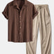 Geometric Jacquard Eyelet Cuban Shirt & Crinkle Textured Straight Leg Pants