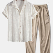 Geometric Jacquard Eyelet Cuban Shirt & Crinkle Textured Straight Leg Pants