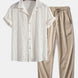 Geometric Jacquard Eyelet Cuban Shirt & Crinkle Textured Straight Leg Pants