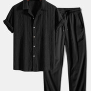 Geometric Jacquard Eyelet Cuban Shirt & Crinkle Textured Straight Leg Pants