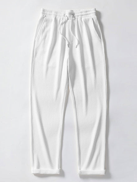 Texture Contrast Knitted V Neck Polo Shirt & Straight Leg Ribbed Pants